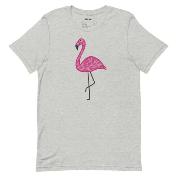 Unisex staple t-shirt in athletic heather grey with a pink flamingo design, front view, perfect for summer.