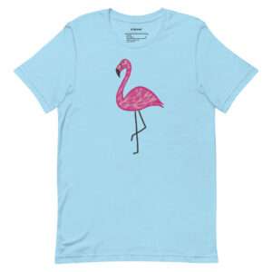 Unisex staple t-shirt in ocean blue with a pink flamingo design, front view, perfect for summer.