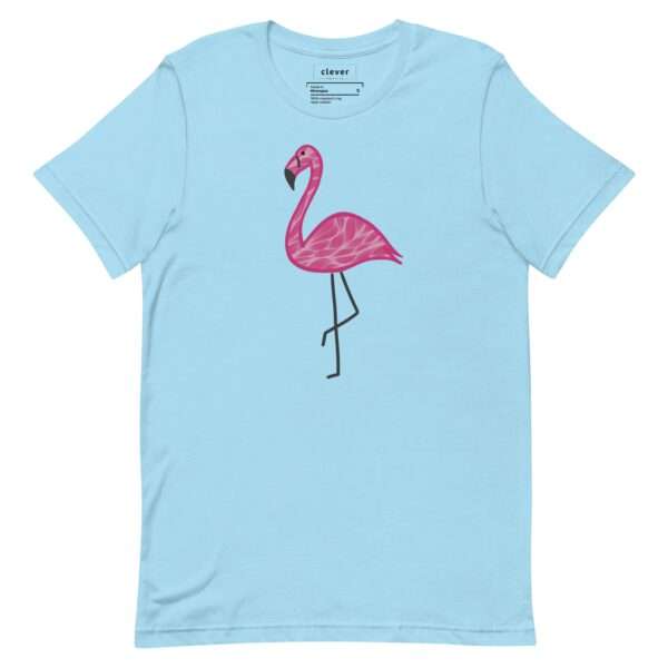 Unisex staple t-shirt in ocean blue with a pink flamingo design, front view, perfect for summer.