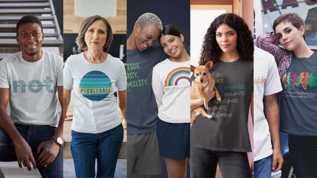 5 images with people wearing fun graphic tee shirts. Shirts read: Not Here For Your Approval. Pickleball (in a multicolored sphere). Justice Humility Mercy. You Can Be Yourself With Me. The Fruits of the Spirit. Inconceivable. Society of Headstrong Girls.