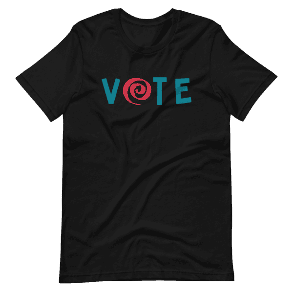 Unisex t-shirt color black with the word "vote" in the center in blue and the letter "o" in red.