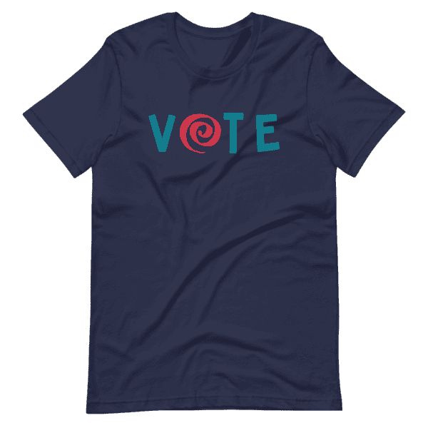 Unisex t-shirt color navy with the word "vote" in the center in blue and the letter "o" in red.