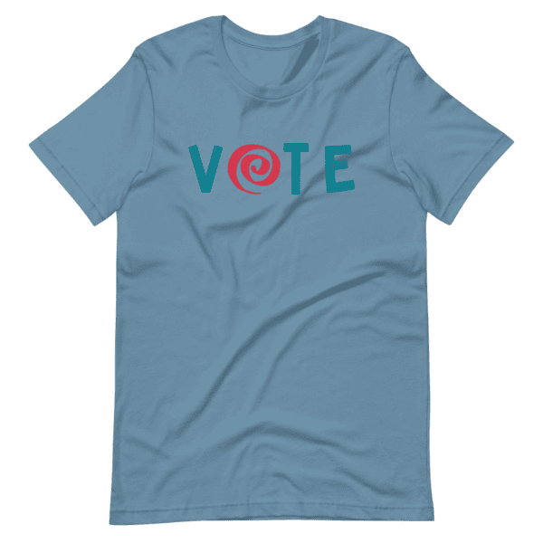 Unisex t-shirt color steel blue with the word "vote" in the center in aqua blue and the letter "o" in red.