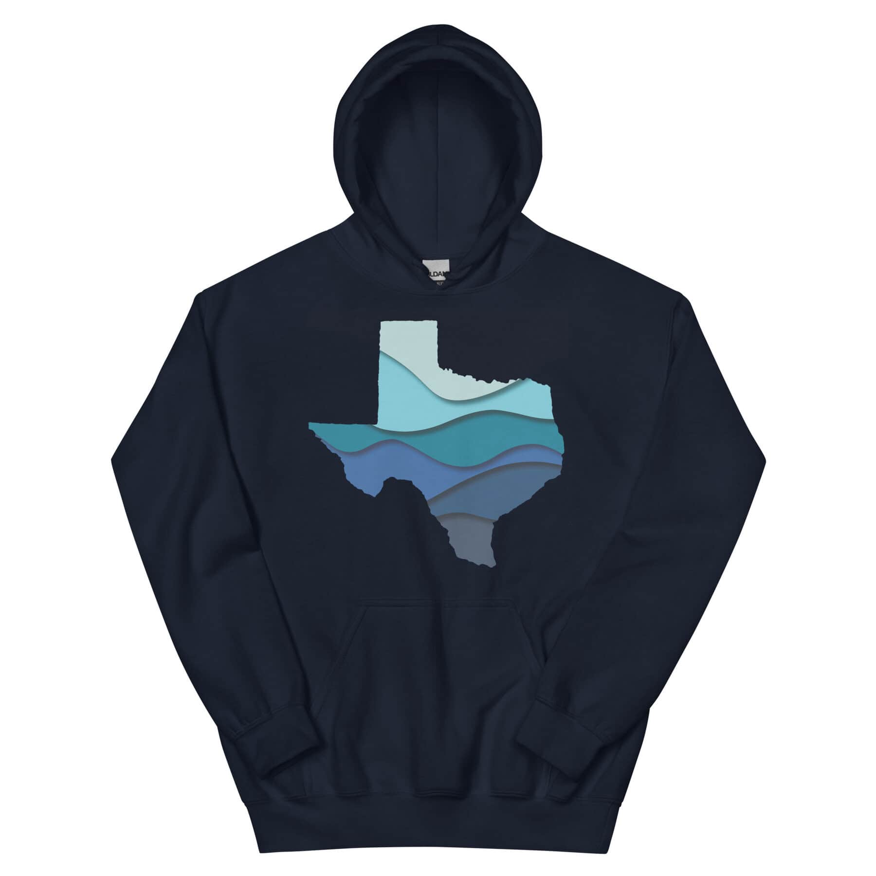 A unisex navy hoodie with the Texas state icon in the center on a vibrant blue wave pattern.